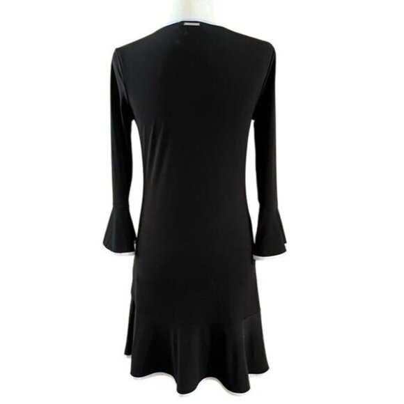 EUC Michael Kors Black Knee Length Dress with Bell Sleeves White piping accent - Picture 2 of 8